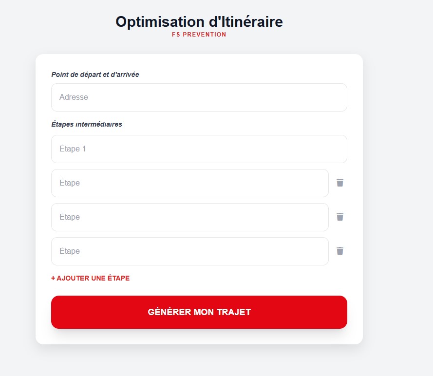Interface web Optimisation d'Itinéraire FS Prevention - formulaire point de départ, étapes intermédiaires, bouton Générer Mon Trajet