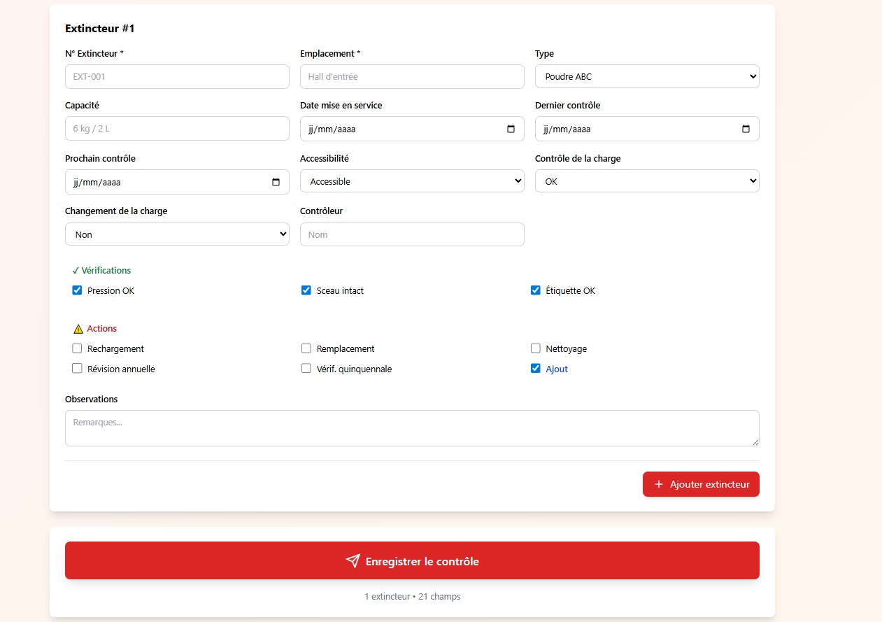 Formulaire détail extincteur - numéro, emplacement, type, vérifications pression sceau étiquette, actions maintenance, bouton Enregistrer le contrôle
